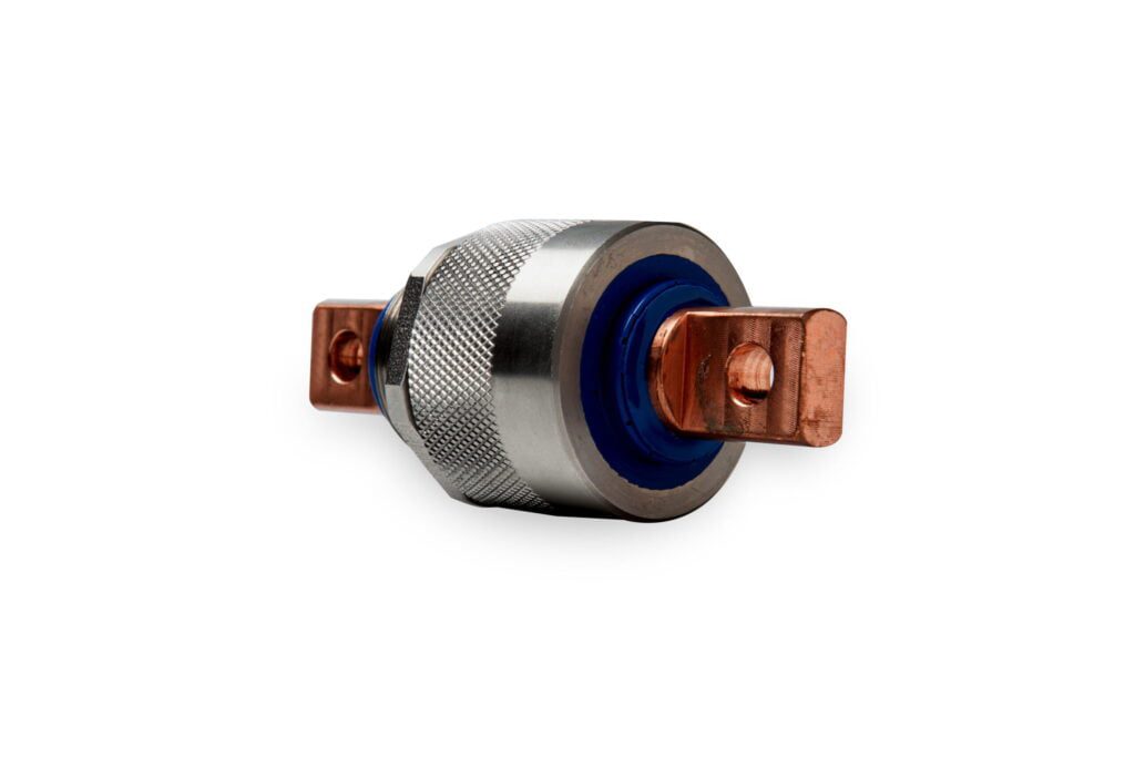 StudSeal power feedthrough with right angle connections are available as well as threaded studs. High current studs of our hermetically sealed electrical connectors handle up to 1,000 amps to meet most of process power needs.