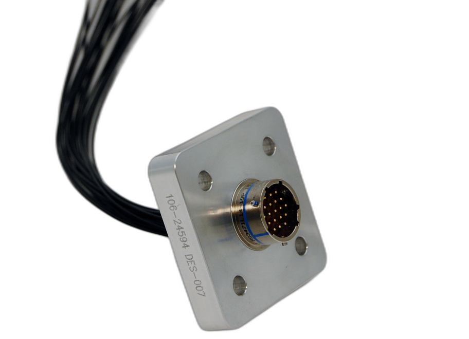 MIL-spec hermetic connector with custom rectangular flange and integral wires