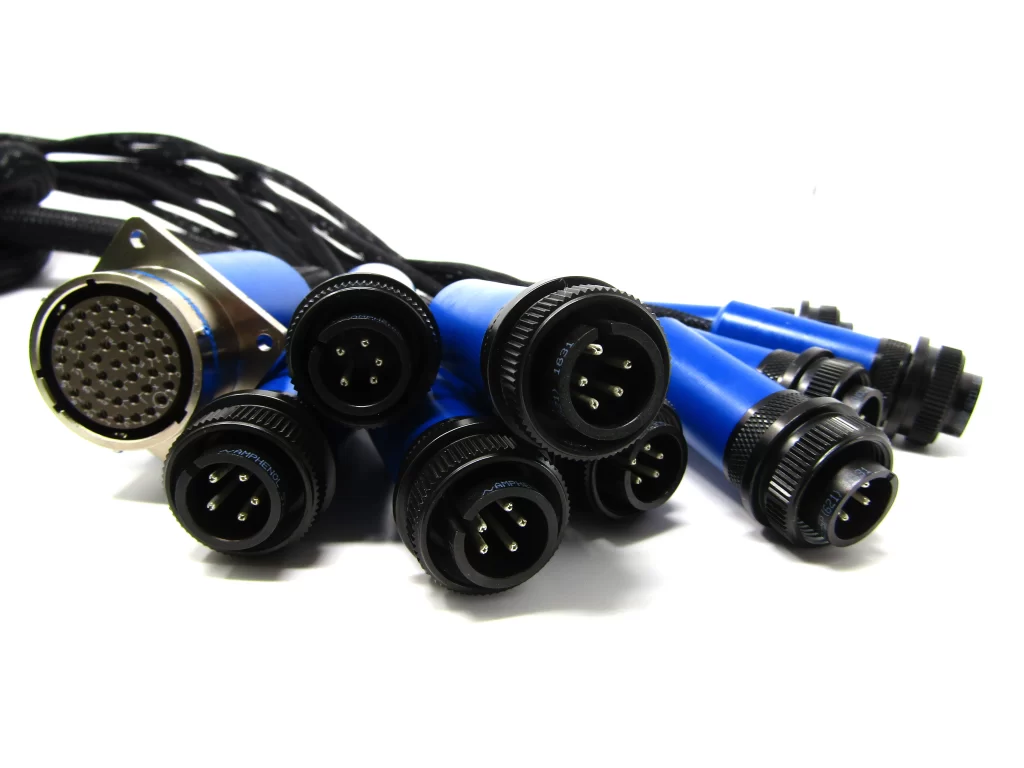 MIL-DTL-38999 to MIL-DTL-5015 backpotted connectors with wire harness.